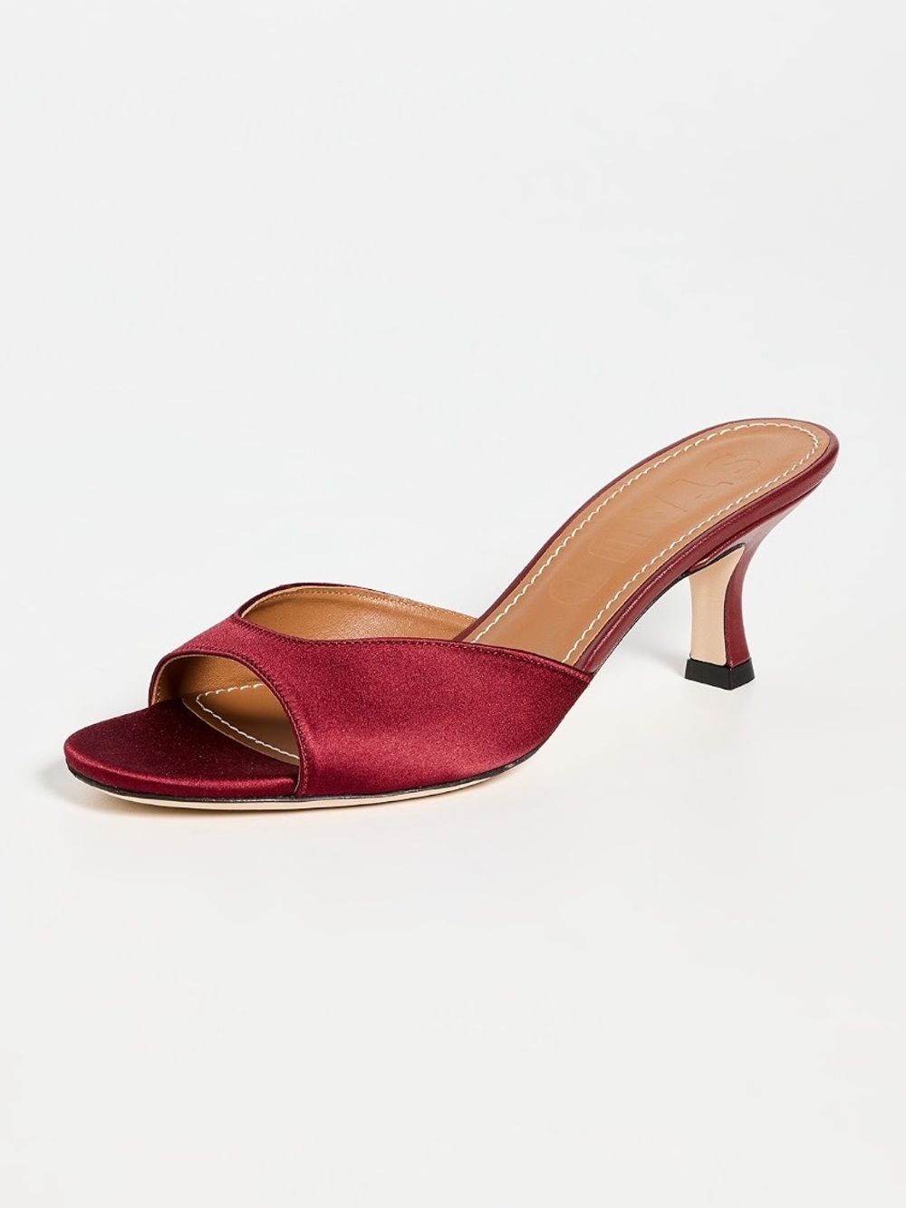 STAUD Brigitte Satin Mules in Burgundy